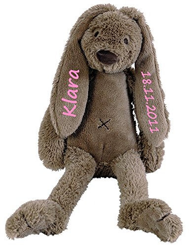 Elefantasie Stofftier Hase mit Namen und Geburtsdatum personalisiert Geschenk 40cm braun Aufdruck rosa
