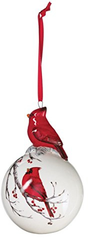 Sullivans - 12,1 cm große weiße Christbaumkugel mit dekoriertem rotem Kardinal auf der Oberseite und bemaltem Kardinal auf einem Ast.