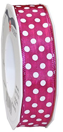 PRÄSENT Polka DOTS Band mit Drahtkante Magenta/weiß, 20 m gepunktetes Dekoband, 25 mm Breite, leicht biegsames Schleifenband zum Dekorieren & Basteln, für besondere Anlässe