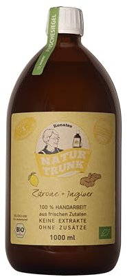 OHNE Konservierungsstoffe! Renates NaturTrunk Zitrone + Ingwer 1000 ml Glasflasche, Eine Flasche ca. 50 Zitrone + Ingwer-Shots. DE-ÖKO-006
