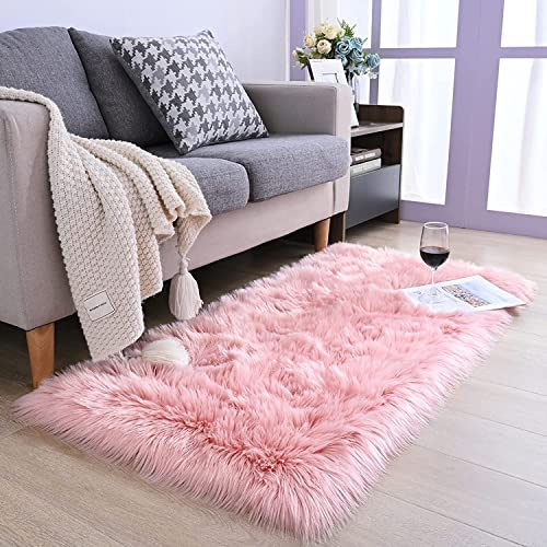 HEQUN Faux Lammfell Schaffell Teppich Kunstfell Dekofell Lammfellimitat Teppich Longhair Fell Nachahmung Wolle Bettvorleger Sofa Matte (50 x150cm, Rosa)