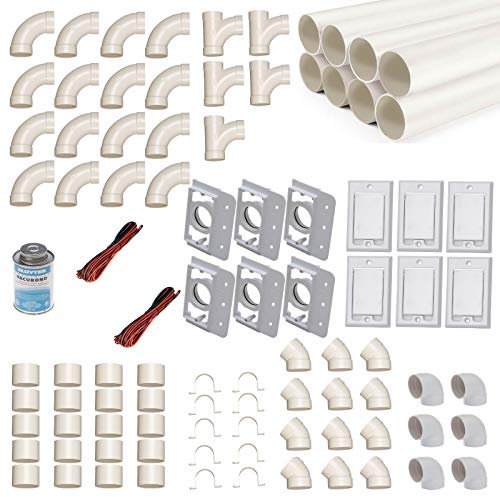 crossvac Zentralstaubsauger Einbau-Set für 6 Saugdosen mit Rohren, Fittings & Co. - Montageset für den DIY-Einbau Einer Staubsaugeranlage - Saugdose Nordamerika (Hayden) rechteckig