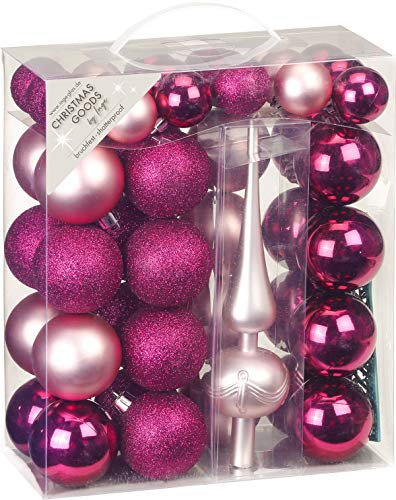 Inge Christmas Goods Weihnachtskugeln bruchfest | 47 TLG Berry Kiss rosa Bordeaux | 46 Christbaumkugeln und Weihnachtsbaumspitze | bruchsicher Kunststoff