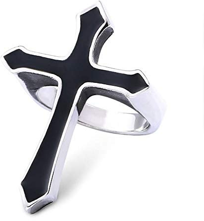 BlackAmazement Ring 316L Edelstahl Massiv Riesen Kreuz Cross Schwarz Silber Gothic Herren Damen (68 (21.6))