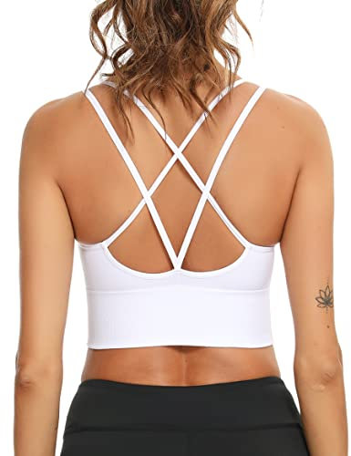 Sykooria Sport BH Damen Gepolstert Bustier Damen BH ohne Buegel Spaghettiträger Cross Back Design Push up BH Sport Bra Top für Yoga Fitness, Weiß S