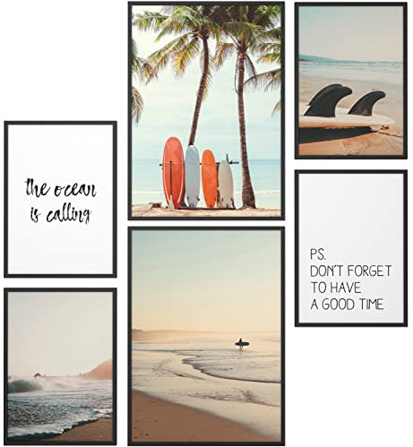 Papierschmiede® Mood Poster Set Surfers Holiday, Gerahmte Bilder (Rahmen: Material und Farbe wählbar), Wohnzimmer Deko Schlafzimmer, 2x DIN A3 und 4x DIN A4, Wellen Meer Strand Palmen