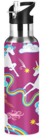 Vnurnrn Kunst Regenbogen Bbay Einhorn Pferd Trinkflasche Wasserflasche mit Strohhalm 600ML, Thermosflasche Vakuumisolierte aus Edelstahl 18/8, BPA-frei für Kinder Sport Wandern Schule