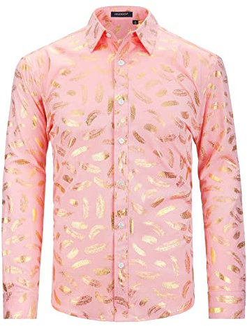 HISDERN Chemises Rose Brillante Homme à Manches Longues Casual Chemise Or La Plume Imprimé Motif Mode Satin Chemises Fête Bal de Promo M