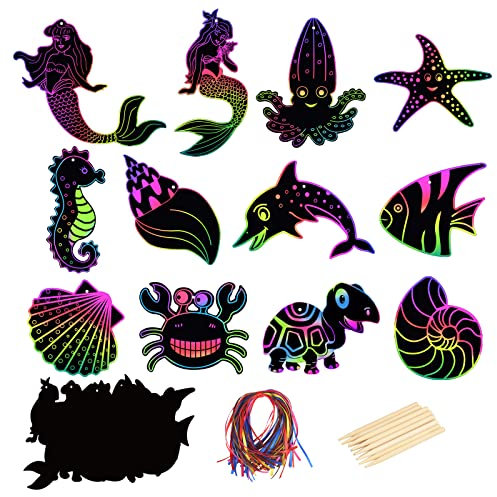 MONCAP 48 pcs Meerjungfrau Kratzbilder Kinder Kratzpapier Regenbogen Scratch Art Crafts mit Holzstiften Mermaid DIY Basteln für Party Mitgebsel Geburtstag Meer Themen Partydekorationen