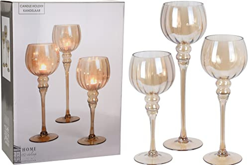 Koopman 3tlg. Set Glaskelch Windlicht Kelche H40/35/30cm Braun Rillenoptik, Kerzenhalter Kerzenständer Teelichthalter