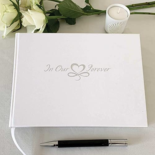 In Our Hearts Forever Condolence Book - 96 Blank Pages with Silver Edges & Storage Box - Hardcover Memorial Guest Book & Keepsake Pocket for Condolence Cards - Funeral Services (Pale Ivory, 218x160mm)