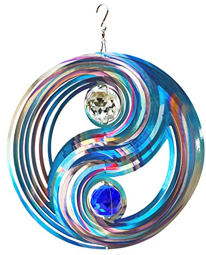 FONMY Éolienne mandala avec boule de cristal Feng shui 3D en acier inoxydable à suspendre, cadeau de Noël, décoration de jardin, décoration cinétique de cour, art 30,5 cm