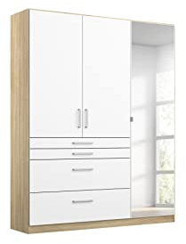 Rauch Möbel Harburg Schrank Kleiderschrank Drehtürenschrank Weiß/Eiche Sonoma, Holz, 3-türig Spiegel und 4 Schubladen inklusive Zubehörpaket Basic 3 Einlegeböden, 1 Kleiderstange BxHxT 136x197x54 cm