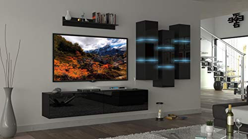 Furnitech Wohnwand Wohnzimmer | Wohnzimmer Möbel mit LED RGB - 16 Farben | Hängend Wohnwand Modern | Wohnzimmer Schrankwand mit Regale und TV Schrank (Heaven AN45-18HG-B1 1A)