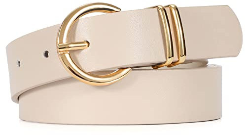 JasGood Damen Ledergürtel für Jeans Hosen Kleider Mode Goldschnalle Damen Leder Gürtel, Beige, 130cm