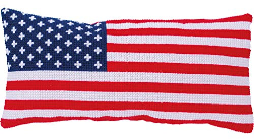 Vervaco Kreuzstich Stickpackungen, Kreuzstich Set vorgedruckt mit Stickbild auf 100% Baumwoll Stoff und Stickgarn, Stickvorlagen 62 x 30 cm mit Kissenrücken und Anleitung, Amerikanische Flagge,