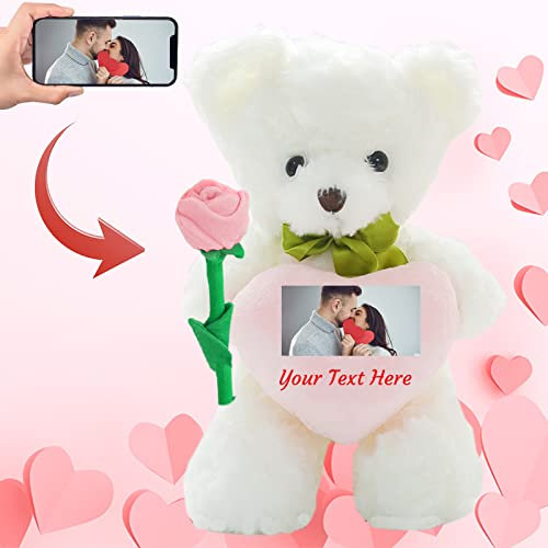 ADORSUN Teddybär mit Rose und Schleife mit Personalisierter Text+ Foto, Teddybär mit Herz für Valentinstag Hochzeit Jubiläum ValentinsGeschenke Mann sie Besondere ValentinsGeschenkee (40cm)