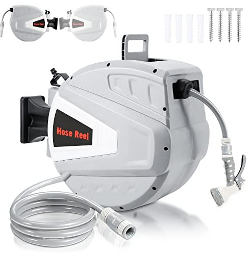 Sonnewelt Schlauchtrommel Schlauchbox, 30+2m Automatik Schlauchaufroller, Wand-Schlauchbox mit Handbrause Gartenschlauch, 180° drehen wasserschlauch trommel Schlauchtrommel-grau