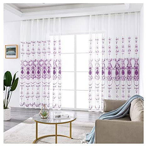Banemi Gardinen Wohnzimmer Fenster, Scheibengardine Voile 2er Set Polyester Vintage-Muster Deko Schlafzimmer 137x160cm Lila