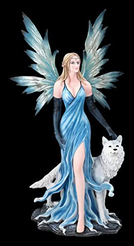 Elfen Figur mit Winter Wolf und blauem Kleid 63,5 cm | Fee Statue Fairy