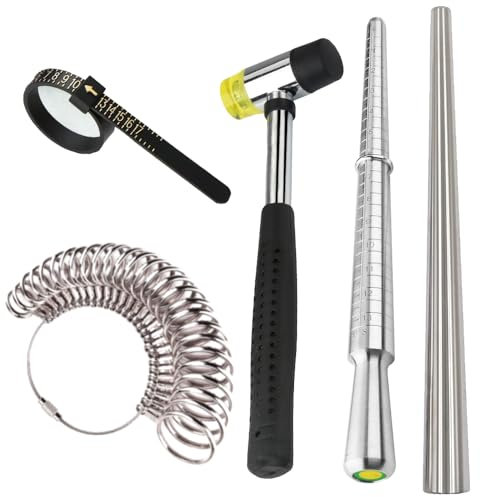 YIEPET Ring Sizing Tool, Metal Mandrel Measuring Rod Ring Mandrel Aluminum with Finger Sizing Steel Ring Sizing Meter Size Rubber Jewelry Hammer Round Model Jewelry Sizing Tool