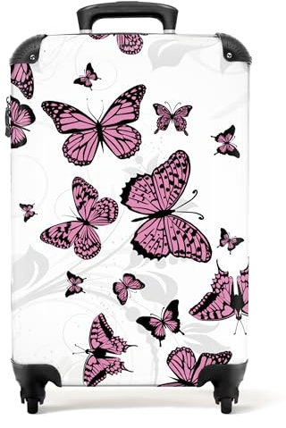 NoBoringSuitcases.com® Koffer Handgepäck Trolley Rollkoffer Kleine Reisekoffer mit 4 Rollen - Muster - Schmetterling - Rosa - Weiß - Pflanzen - Cabin Size < 55x40x23 cm & 55x40x20 cm