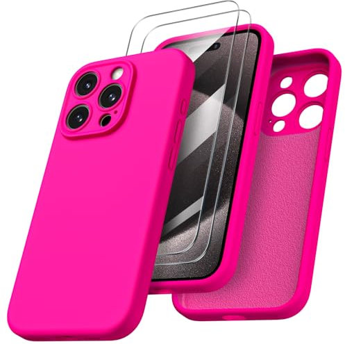 ORNARTO Compatible with iPhone 15 Pro Max Case Shockproof with 2pcs Screen Protectors, Waterproof Liquid Silicone Rubber Full Cover Protective Case for iPhone 15 Pro Max 6.7 inch-Hot Pink
