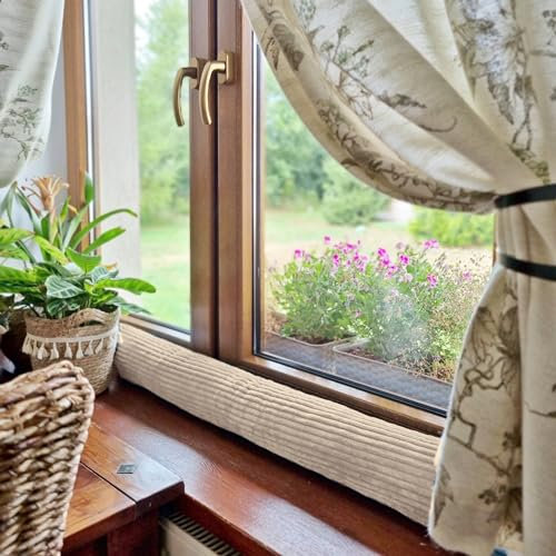 4L Textil Zugluftstopper Cord Durchzugstopper Windstopper für Türen und Fenster Luftzugstopper für Tür Türschlange Türrolle 80 cm Beige (Stripes 03, 80 cm)