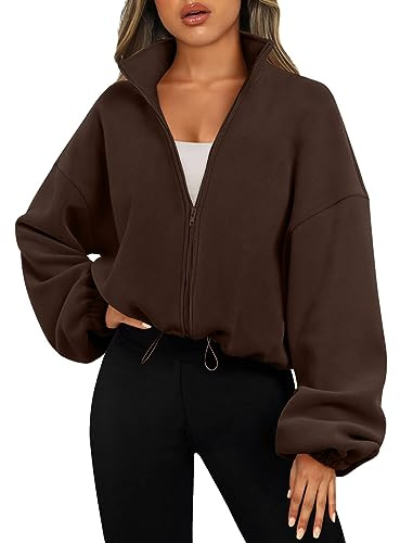 AMDOLE Grafisches Sweatshirt, Damen, durchgehender Reißverschluss, Fleece, kurze Jacke, warm, Winter, lange Ärmel, Stehkragen, bauchfreier Mantel, Boyfriend-Pullover, New1-Caffee, M
