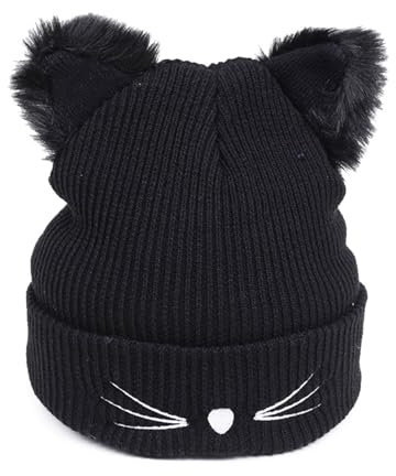 SKHAOVS Invernale con Orecchie di Gatto,Cappello di Lana Ricamato, Cappello Freddo, Cappello Caldo Autunno e Inverno Carino Invernali Cappelli per Sport all'Aria Aperta Corsa Sci(Nero)