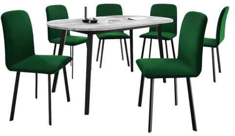 Mirjan24 Essgruppe ML06, Rechteckiger ausziehbarer Esstisch Kugani S mit 6 Stühlen Lanoi, Sitzgruppe, Küchentisch, Esstisch, Esszimmerstühle (Amor Velvet 4311, Grau Marmor/Schwarz)