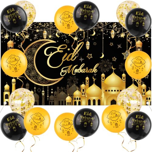 AhfuLife Décoration Aïd Mubarak, Eid Mubarak Decoration Toile 200cm x 110cm Eid Mubarak Bannière Ballon Aid Moubarak Noir Dor Ramadan Etoilés Lune Photomaton pour Fête de Al-Fitr Deco Aid Mubarak