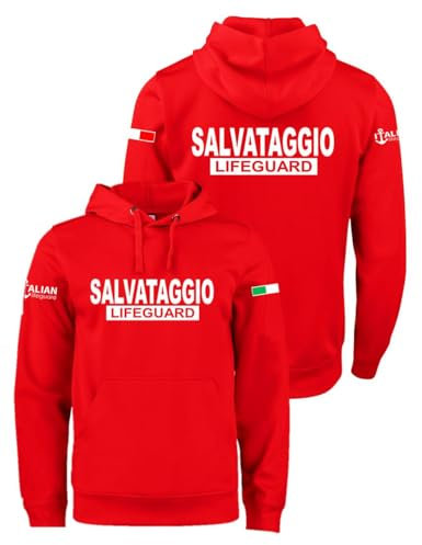 Felpa Salvataggio Lifeguard con Cappuccio Rossa Linea Premium (XXL, Stampa Fronte Retro)