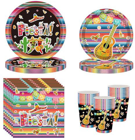 Mexikanische Fiesta Party Geschirr, 68 Pcs mexikanischen Karneval Partei Papier Teller Servietten Tassen mexikanischen Partei Supplies für mexikanische Thema Party, Cinco de Mayo, serviert 16