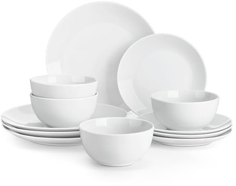 MALACASA 12 Pieces Gourmet Porcelain Dinnerware Sets, Modern White Dish Set for 4, Premium Serving Plates and Bowls Sets, Chip and Scratch Resistant Dishware Sets, Series AMELIA