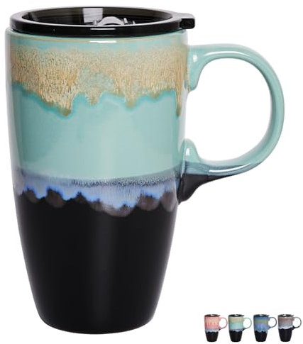 Bosmarlin Ceramic Travel Coffeel Mug with Handle and Lid, 18 oz, Portable Coffee Cup for Car Cup Holder, Microwave and Dishwasher Safe, Reactive Glaze (Pastel Blue)