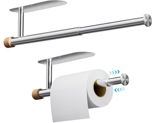 Zivacate porte essuie-tout extensible, [Accents esthétiques en bois] porte-rouleau de papier toilette auto-adhésif/perçage, support mural pour essuie-tout, porte-serviettes en papier(Argent métallisé)