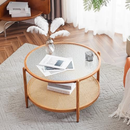 VINGLI 30 Rattan Coffee Table, Round Water-Wave Glass Metal Center Table, Modern Coffee Table with 2-Tier Storage, Farmhouse Circular Coffee Tables for Living Room and Small Space, Natural Vibe