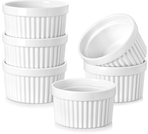 MALACASA Lot de 6 Petit Ramequins Four en Porcelaine, Ramequins Individuels en Céramique pour Soufflés Crème Brulée Muffins Cupcakes Puddings, 320ml, Blanc Ivoire