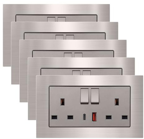 5 Pack CNBINGO Stainless Steel Double Socket with USB C Fast Charging, 20W USB-A and Type-C, Double Switched Electric Power Socket, White Stainless Steel Panel Wall Outlet