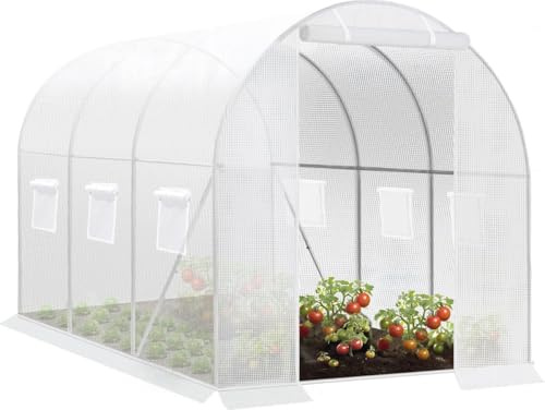 BukkitBow – Polytunnel Gewächshaus – Winterfester Tunnel für Gemüseanbau – Kompaktes Gewächshaus mit Tür und 6 Fenstern - 300X200X190CM - Weiß
