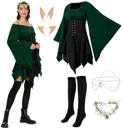 LGZIN Abito Tradizionale Irlandese da Donna, Abito Medievale da Donna, Costumi Gotici Donna con Orecchie da Elfo, Accessori per Capelli, Calzini, Vestito Gotico da Donna per Halloween Carnevale (XL)