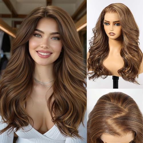 HAIRCUBE 13x6 HD Synthetische Lace-Front-Perücke, 24 Zoll gemischte braune lange lockige geschichtete Perücken, natürliche Dichte Haaransatz ohne Kleber Perücken für den täglichen Gebrauch von Frauen