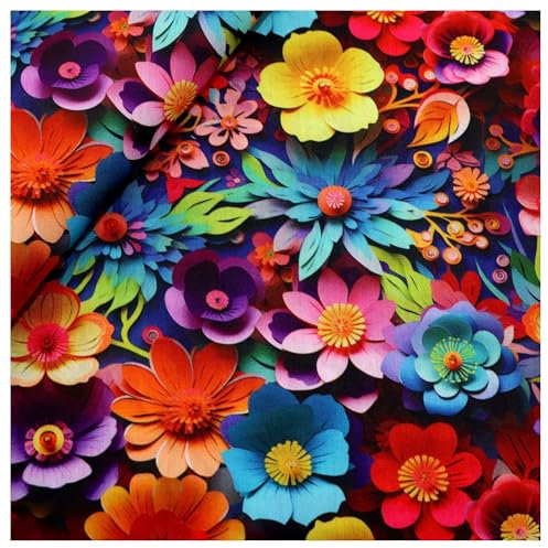 BrightGlow 3D Blumen Gedruckt Stoff Blumen Stoff Meterware Stoff Zum Nähen Dekorationsstoff Stoff mit 3D Blumen Bunter Retro-Dekostoff Blumen Pflanzen Stoff für DIY Handgefertigte Nähen #14 100X145cm