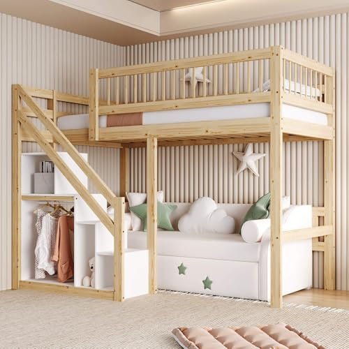 NQSLDM Hochbett 90x200 cm mit Treppe und Stauraum, Etagenbett Einzelbett mit Kleiderschrank und Rausfallschutz, Bettgestell mit Lattenrost, Stauraumbett für Kinderzimmer, Holzfarbe