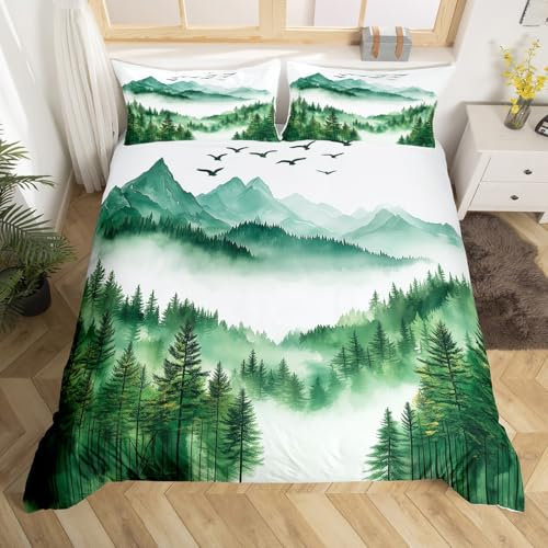 Homewish Juego de ropa de cama doble con diseño de árbol y paisaje de selva, pintura de tinta de acuarela, juego de ropa de cama verde y blanco