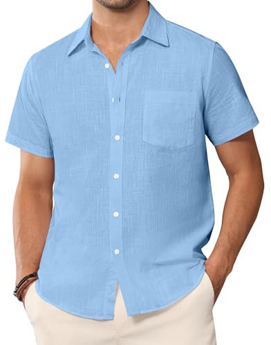 siliteelon Mens Short Sleeve Shirts Summer Linen Shirt Beach Regular Fit Casual Cotton Holiday Tops with Pocket Sky Blue 3XL