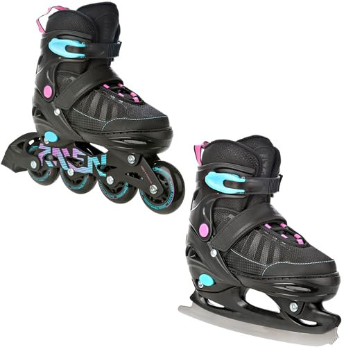 RAVEN Inline Skates Inliner für Kinder und Erwachsene OPTIONAL 2in1 mit Schlittschuhen verstellbar (Oxen Mint/Pink mit Kufen, 38-42 (25cm-27,5cm))