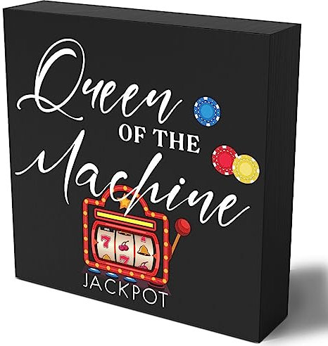 Lustiges Casino-Jackpot-Slots, Holz-Schild, Königin der Maschine, rustikale Kunst, Zuhause, Regal, Schreibtischdekoration, 12,7 x 12,7 cm