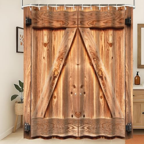 Xiaoterna Rideau de Douche Rustique Rural Porte de Grange en Bois Marron Polyester Rideau de Salle de Bain Porte de Ferme Campagne Résistant à la moisissure Décoration de Salle de Bain 180x240cm